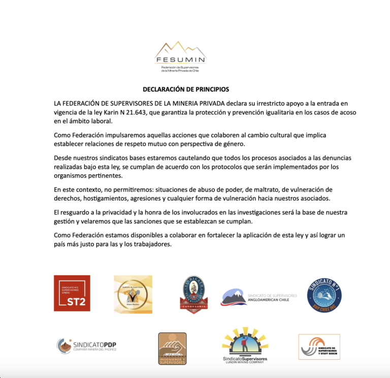 Fesumin realiza Declaración de Principios respecto a Ley Karin